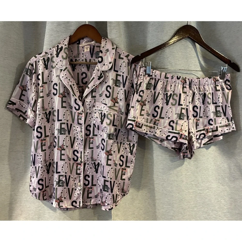 Victorias Secret Satin Pajama Set 2 Piece Love Logo Shorts Purple Lavender S